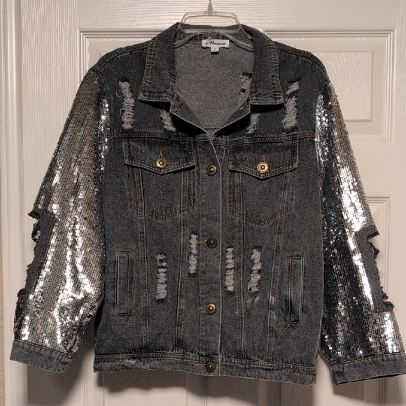 MACARON Distressed Gray Denim Jacket with Silver Sequin Sleeves - Picture 1 of 11